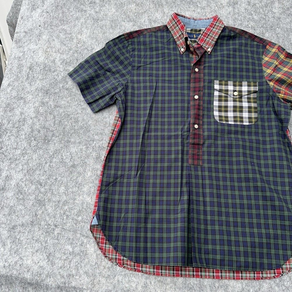 Polo Ralph Lauren Patchwork Plaid Shirt Mens Medium Henley Button Up Green - Picture 13 of 15